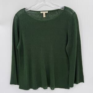 EILEEN FISHER Open Knit Linen Blend Top Size S Green 3/4 Sleeve Layering Shirt